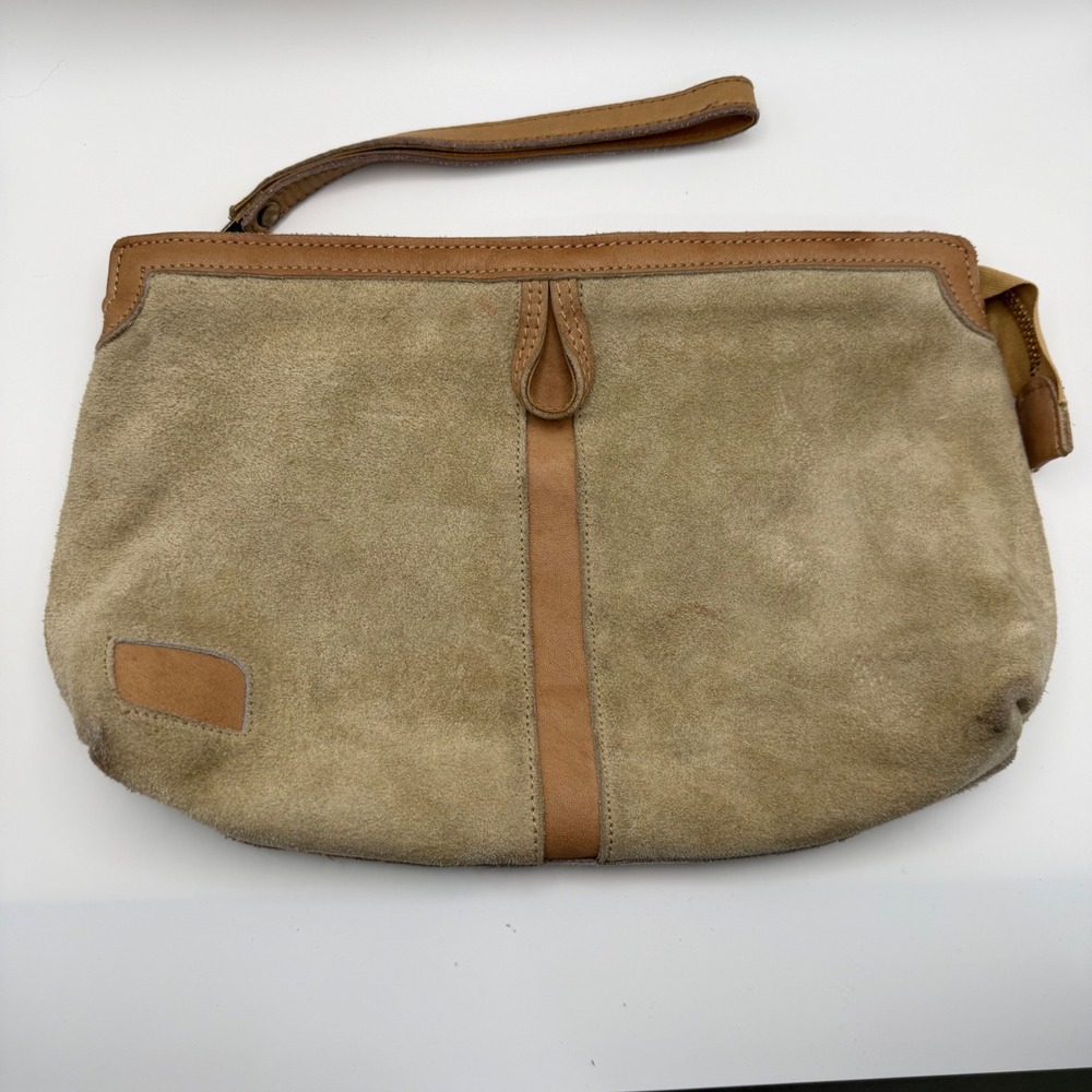 Vintage 1970 Tan Suede Leather Wristlet Clutch Butterfly Zipper Pull Made in HK